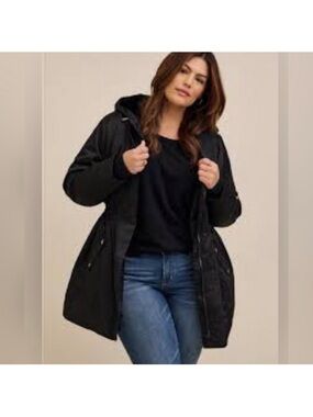 Black Hooded Parka with Zip & Drawstring Waist
